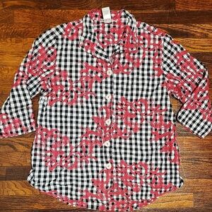 A La Carte Checkered Shirt with Pink Emboidered Pattern Country Cottagecore Med